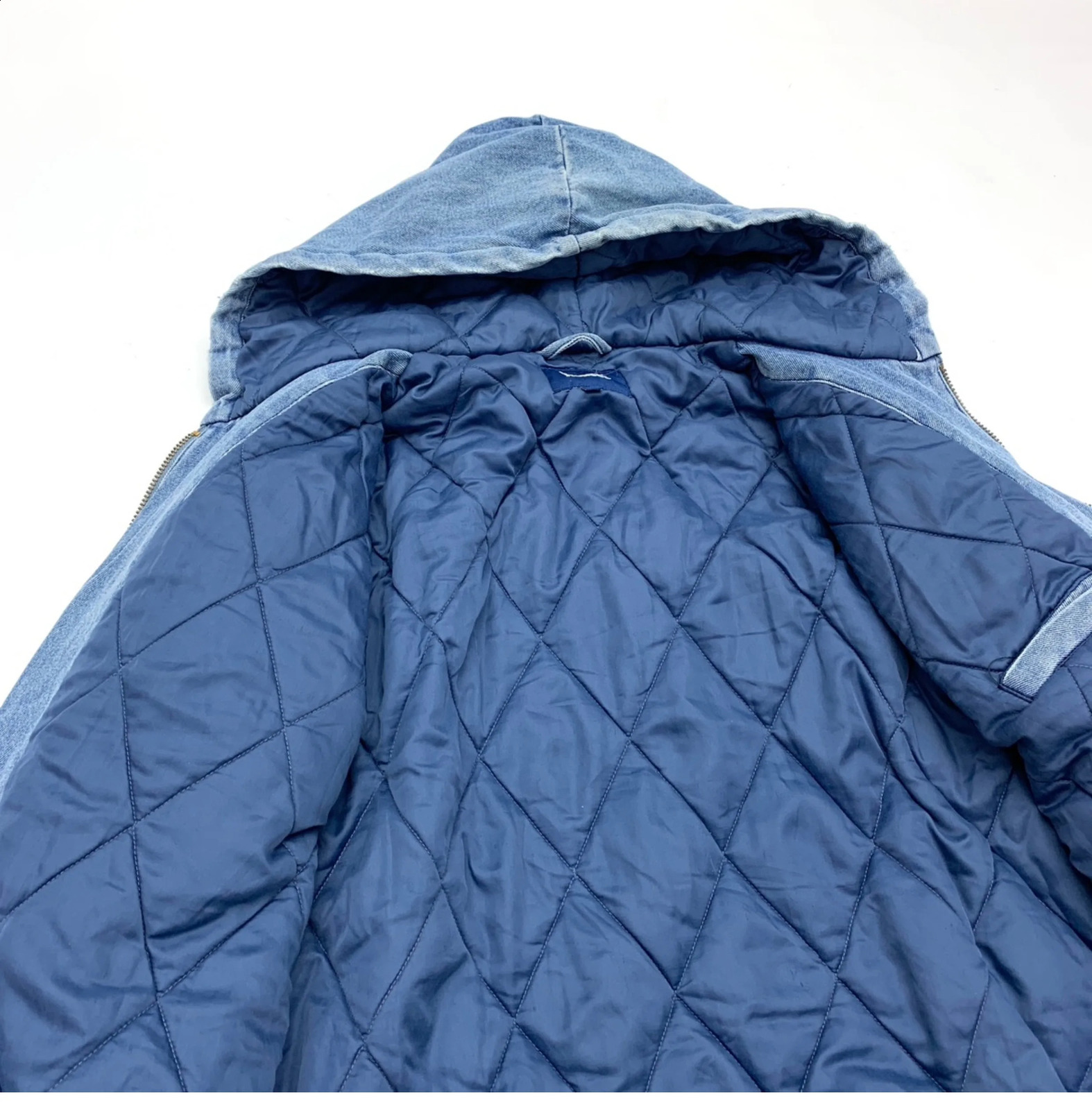 Mens thick cotton padded denim jacket washed zipper hooded loose cotton denim jacket for autumn and winter 250214