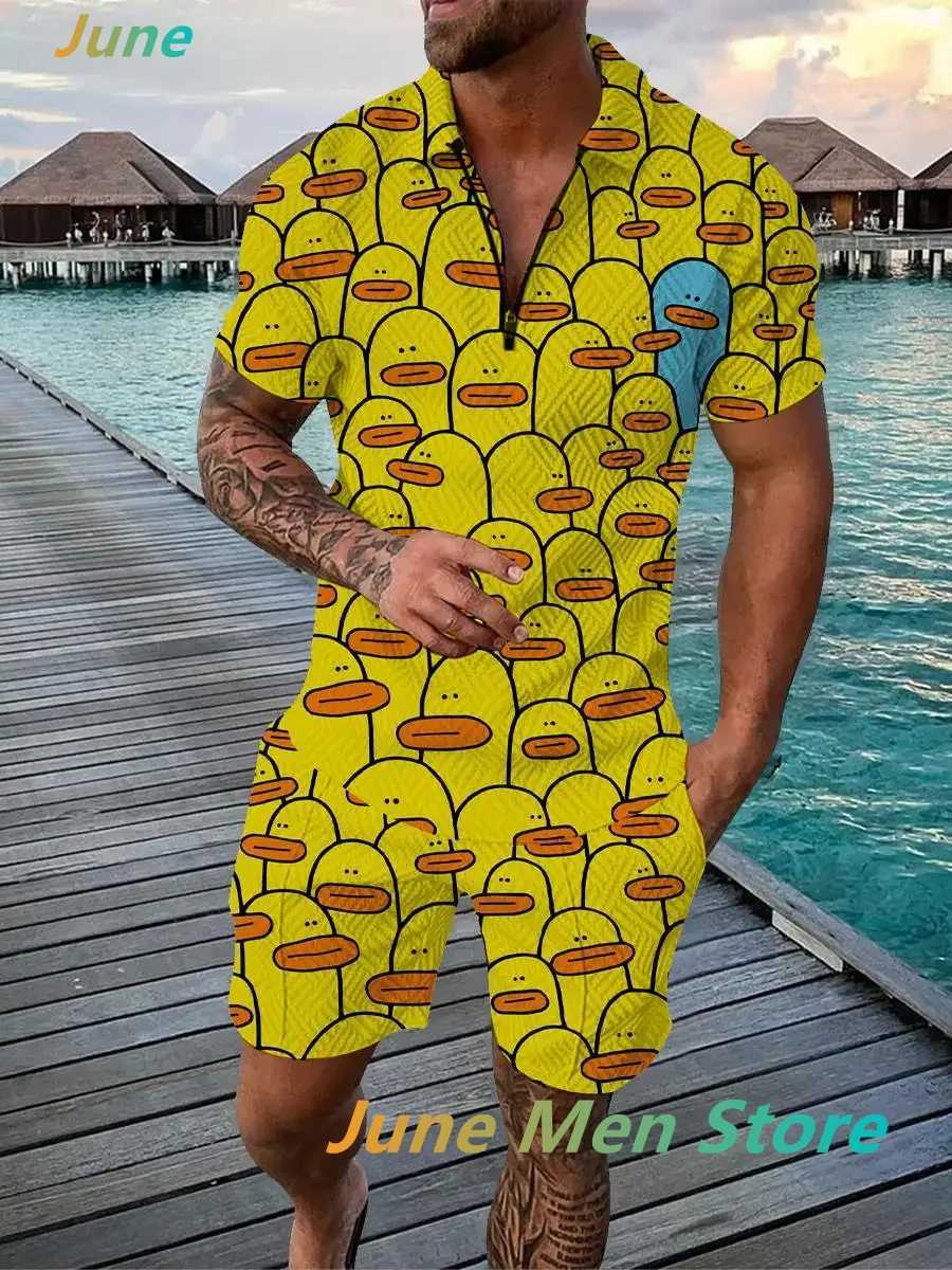 Mens Summer Tracksuit Funny Cartoon Ducks Polo Shirt+Shorts Set Casual Turn Down Collar Zipper Clothing Outfit Stylish SuitXJ250218