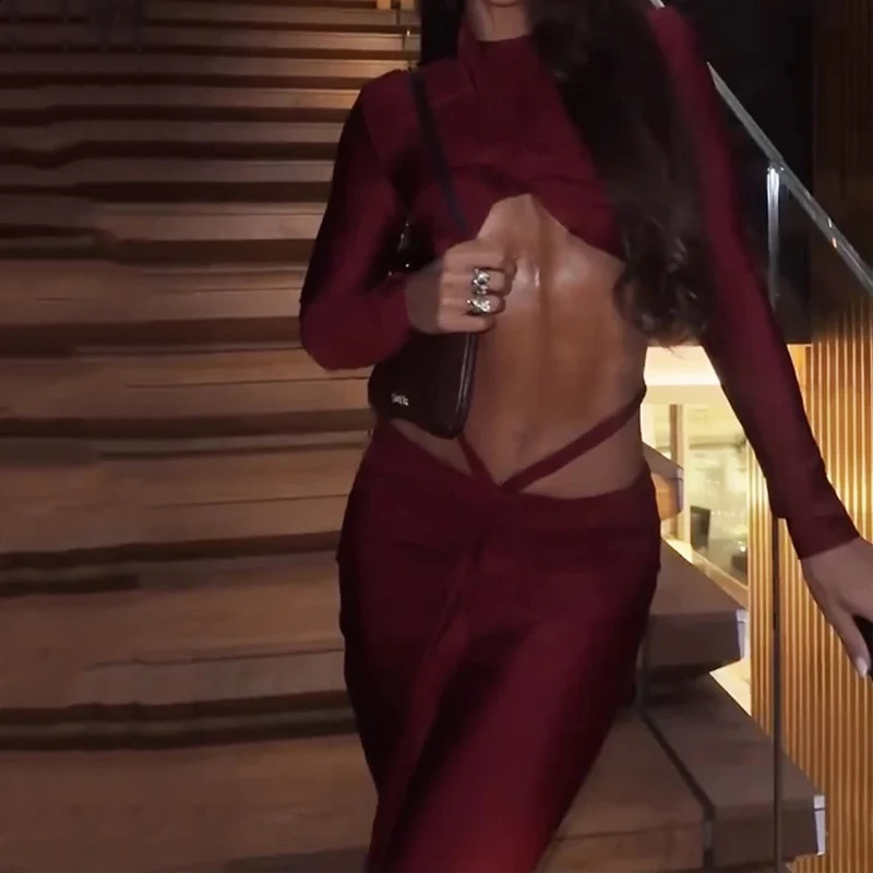 Wefads Two Piece Set Women Sexy Solid Long Sleeve Round Neck High Waist Pullover Top A Line Slim Pleated Hollow Out Skirt Sets 250218