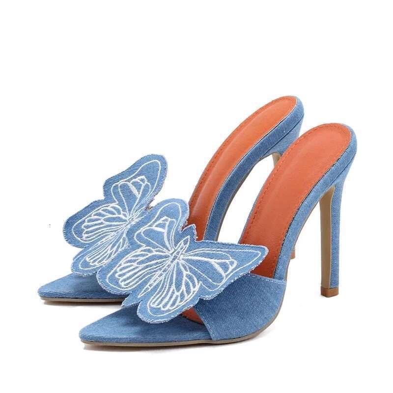 Sexy Denim Butterfly wer Thin Heels Slipper Women Summer Fashion Pointed Toe Slides Stripper Party Mule Shoes