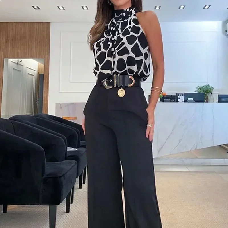 Halter Vest Top Cuffed Pants Set Women Elegant Pant Sets Two Piece Suit Single Breasted High Waist Trousers Suits Pockets 250218