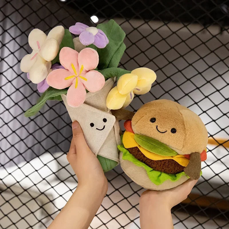 Kawaii Hamburger Plush Toy Soft Stuffed Bouquet Cushion Funny Food / Flower Pillow Cute Burger Doll Creative Birthday Gift 250219