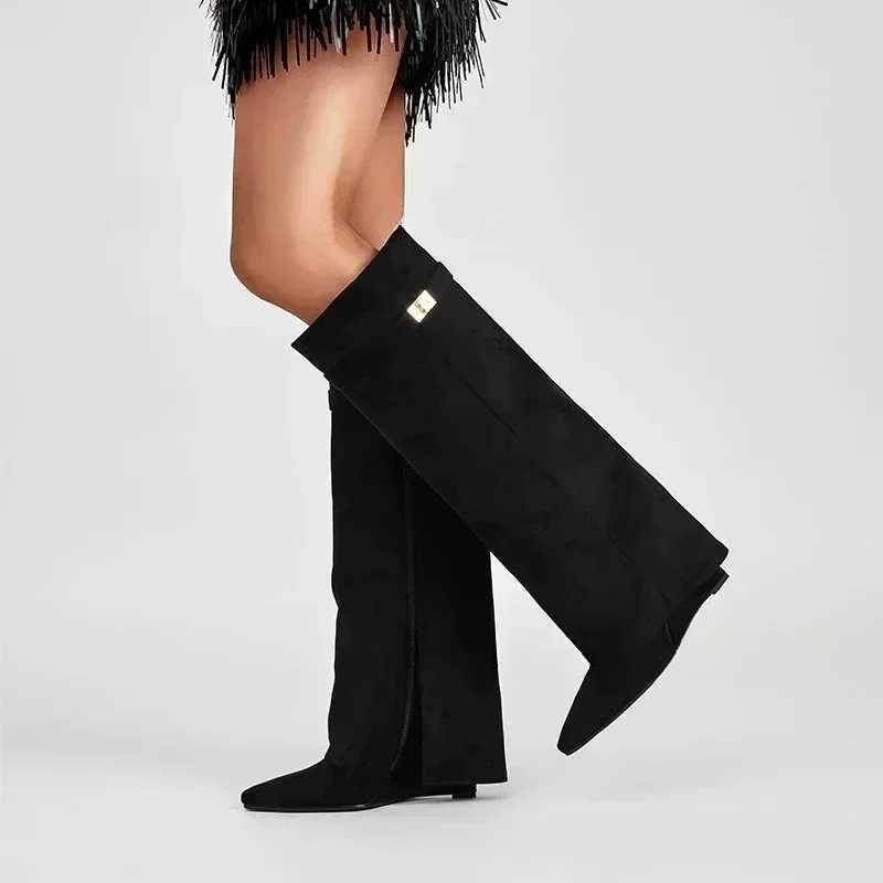 2024Autumn and Winter New Pointed Metal Buckle Knee High Womens Thick High-heeled Pants Fashionable Mid Leg Boots Z250218