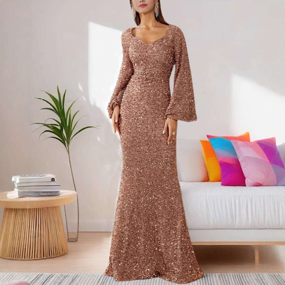 Fashionable V-neck Bag Hip Glitter European and American Mid waist Horn Sleeve Long Evening Dress 2025 Versatile New Trendy Clothing Ins