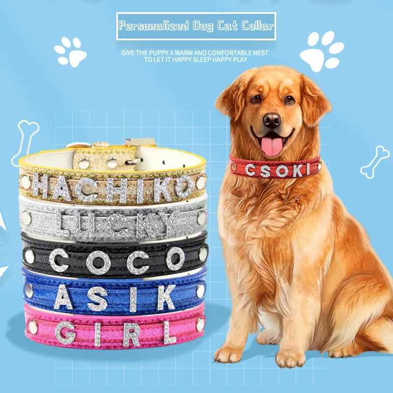 Personalized Dog Collar Sparkling Water Diamond DIY Name Small Cat Leather Collar Small Large Dog Collar Nameless Pet Accessories W250219