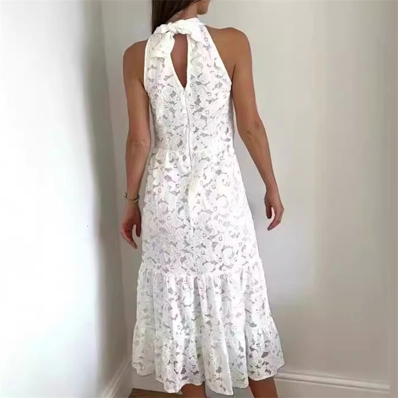 White Embroidery Jacquard Lace Crochet Dress Women Spring Sexy Halter Tie-up Long Dress Summer Sleeveless Hollow Party Dress 250218