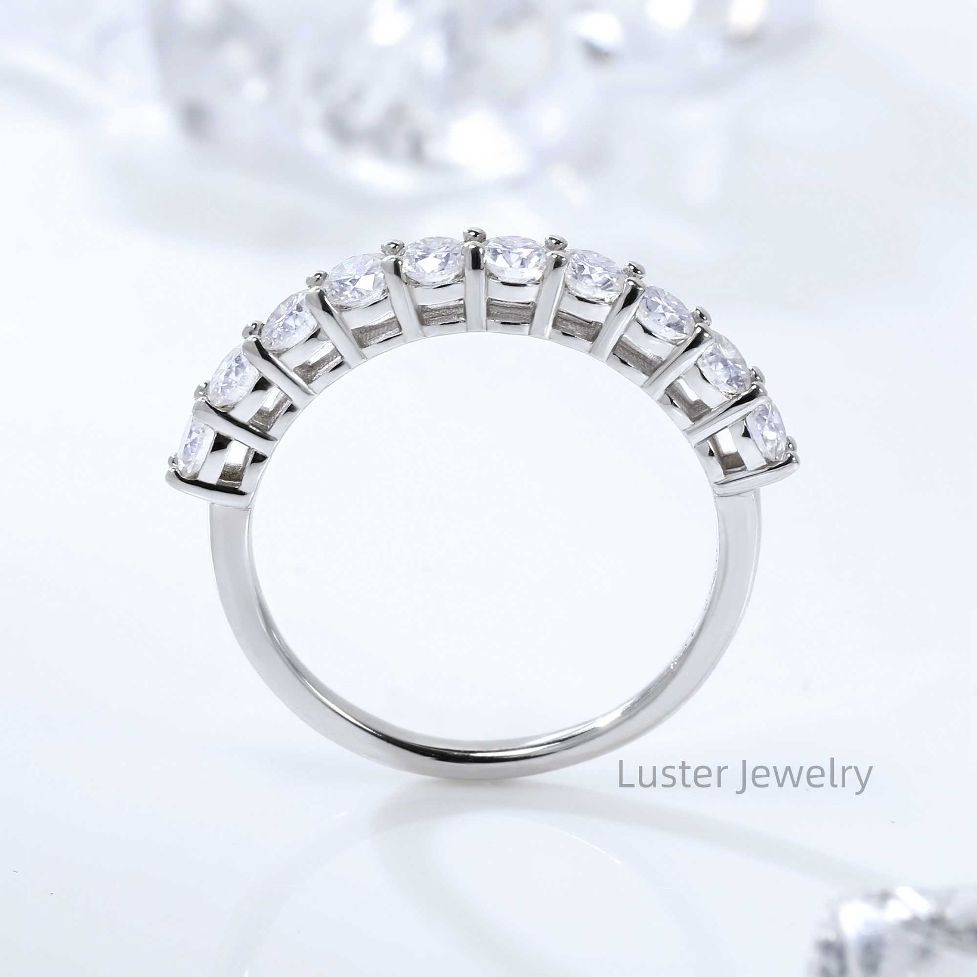 Luster Ten Moissanite 925 Sterling Silver White Gold Plated Engagement 3.0mm Round Moissanite Half Eternity Band Ring for Women