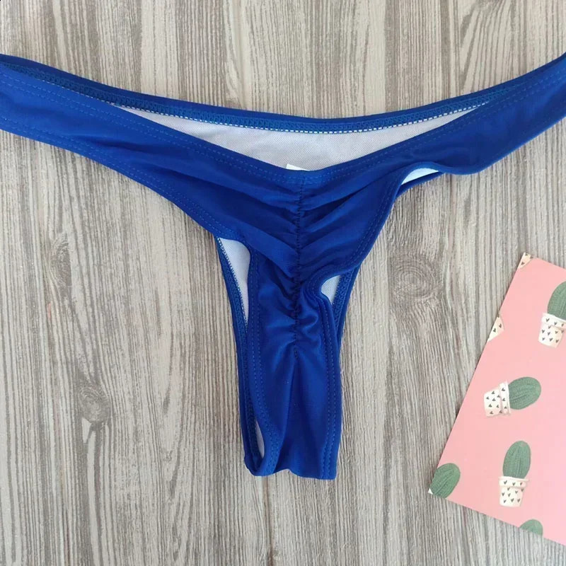 Europe and The United States Sexy Women Thong Swimsuit Solid Color Pleated Bikini 250212