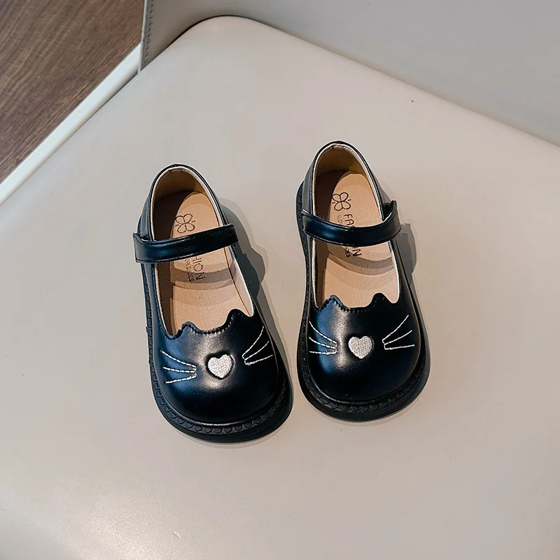 Toddler Girls Leather Shoes Cat Cartoon Lovely Black Beige Kids Flat Shoe Pu Leather Chic Hook-loop Soft Children Mary Janes 250219
