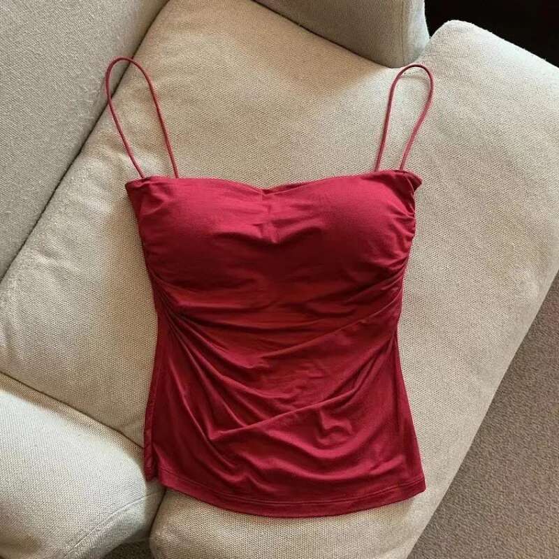 Vest Halter Summer Korean Style Trend Fashion Built In Bra Stretch Women Beach Everyday Casual Tank Top