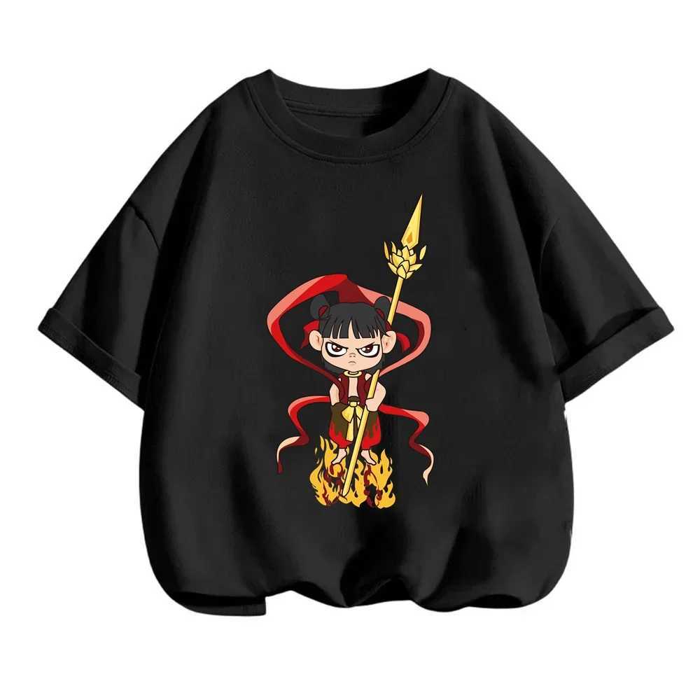 Cute Nezha childrens T-shirt for summer fashion playful Chinese mythological characters for fun suitable for Q-print on O-neck tops M250219
