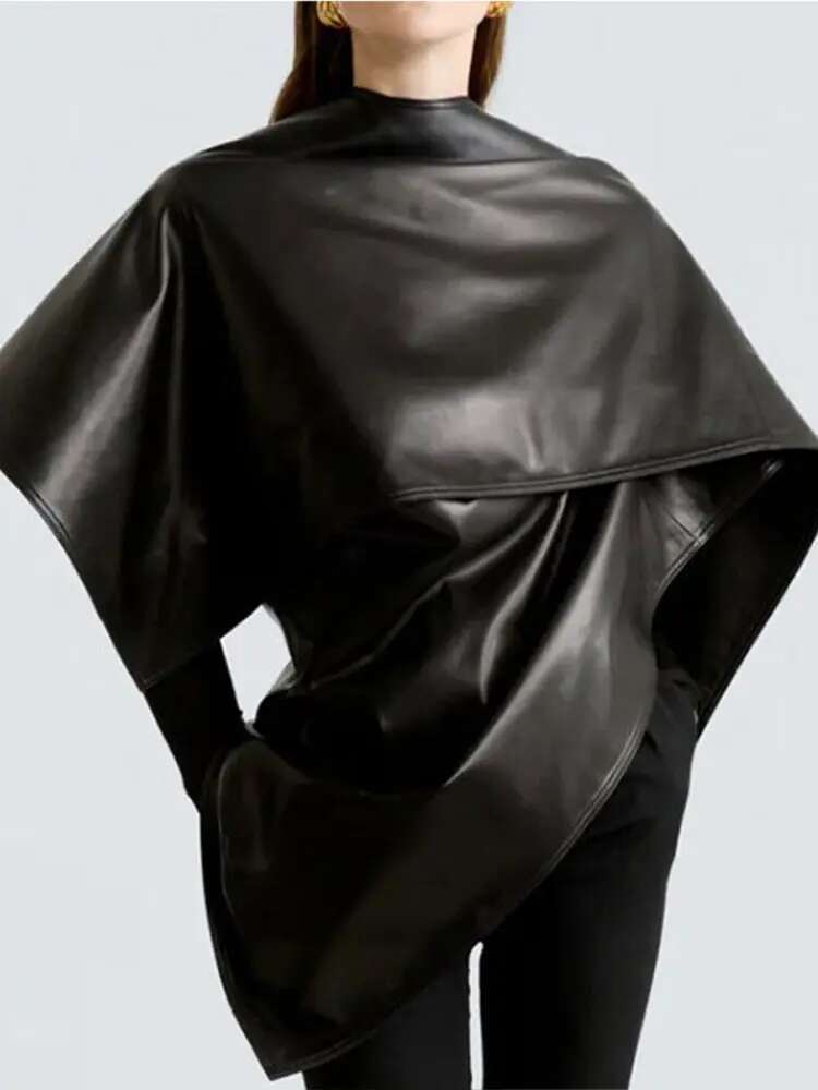 Fashion Women Poncho Black Leather Shawl Cape Jacket Casual Patchwork Short Shawls 2025 Spring Lady High Street Cloak