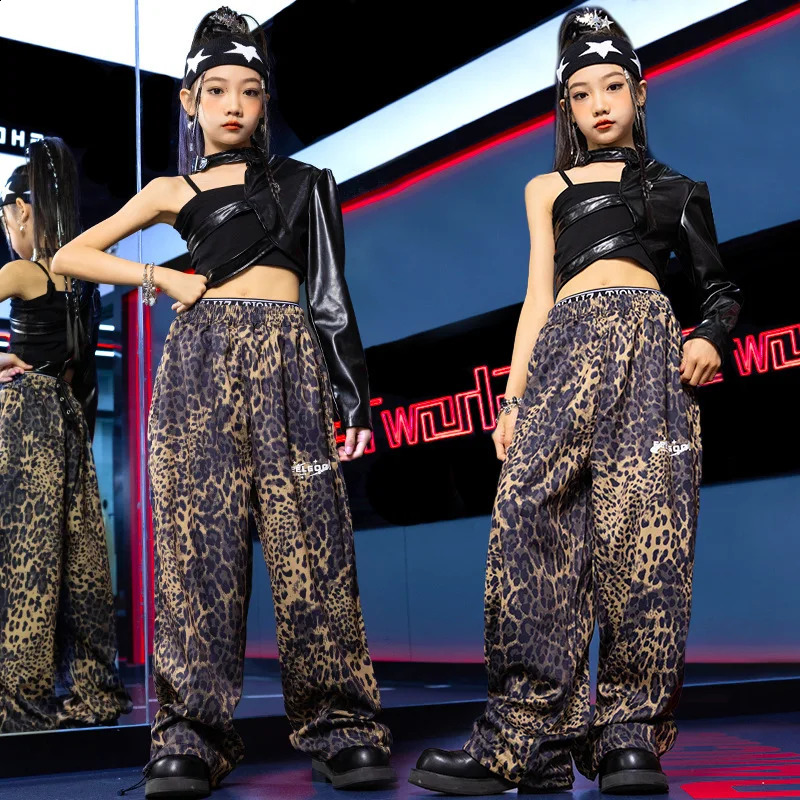 Chidren Summer Girls costume hip hop costume cotton black short sleeve crop shirt A-line pants 2 piece jazz costume set 250218