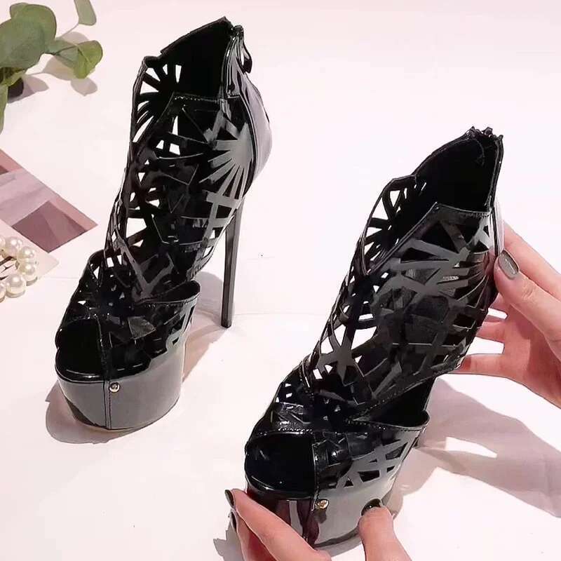 Sexy Peep Toe Hollow Out Platform Women Sandals Fashion Zip Super Stiletto High Heels Nightclub Prom Female Shoes