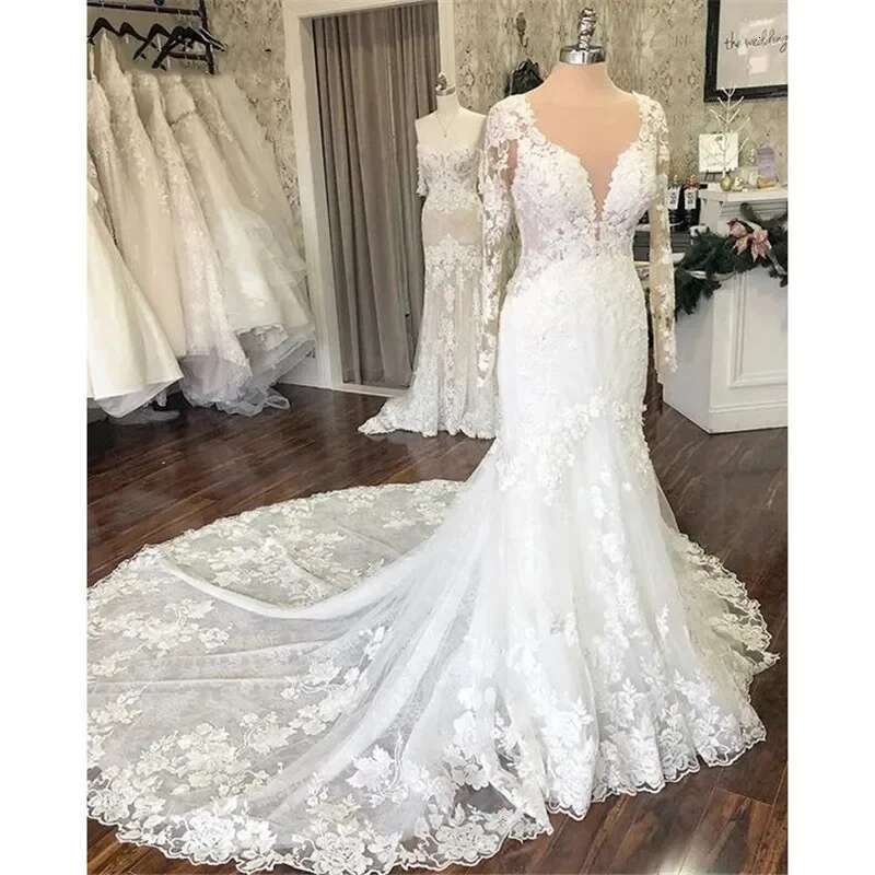 customized Vestido Noiva Wedding 2025 Long Sleeve Lace Sheer Scoop Neck Backless Sexy Bridal Dress Robe De Mariee