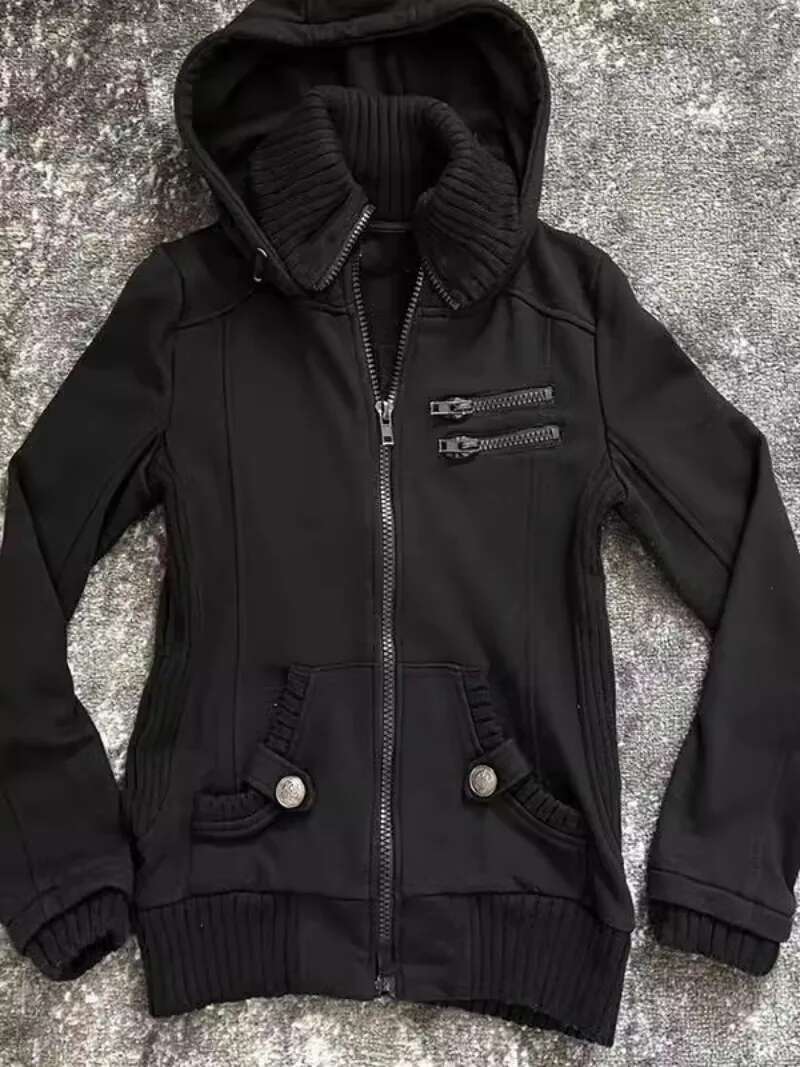 Vintage Stand Collar Slim Fit Hoodeis Solid Versatile Sweatshirts Double Zip Up Element Design Trend Jacket Veet Gothic