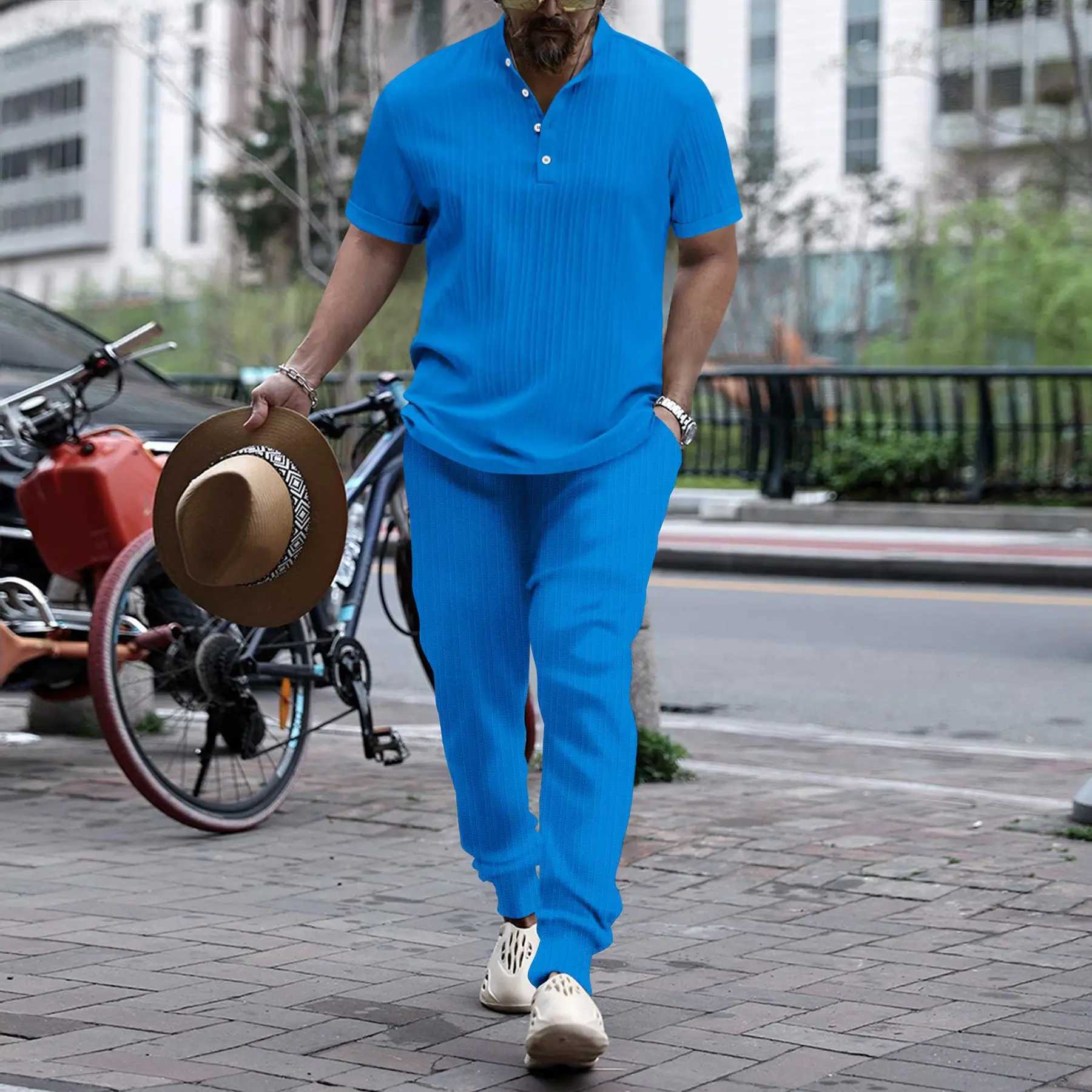 2024 new mens striped stand collar pullover fashion casual shirt short sleeve trousers comfortable trend Hawaiian beach suitXJ250218