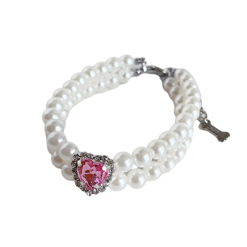 Luxury Double Row Pearl Dog Necklace with Big Pink Heart-Shaped Rhinestones Decorative, Pet Neck Decoration for Small Medium Dogs, Adjustable Pet Neck