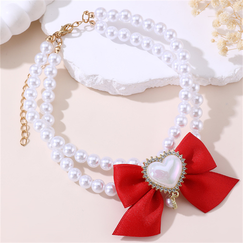 Chic Red Pearl Collar for Dogs and Cats - Double Layered Necklace with Rhinestone Bow Charms
