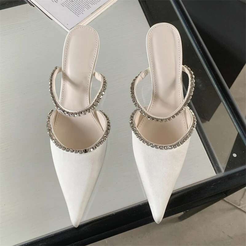 Street Style Fashion Pointed Toe Women CRYSTAL Thin Heels Mules Slippers Party Prom Female Pumps Shoes