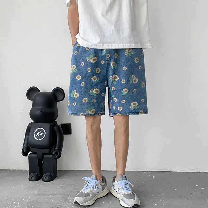 Men's Shorts Summer Denim Shorts Men Fashion Retro Flower Shorts Men Streetwear Hip-hop Loose Print Denim Shorts Mens Beach Shorts M-3XL z250219