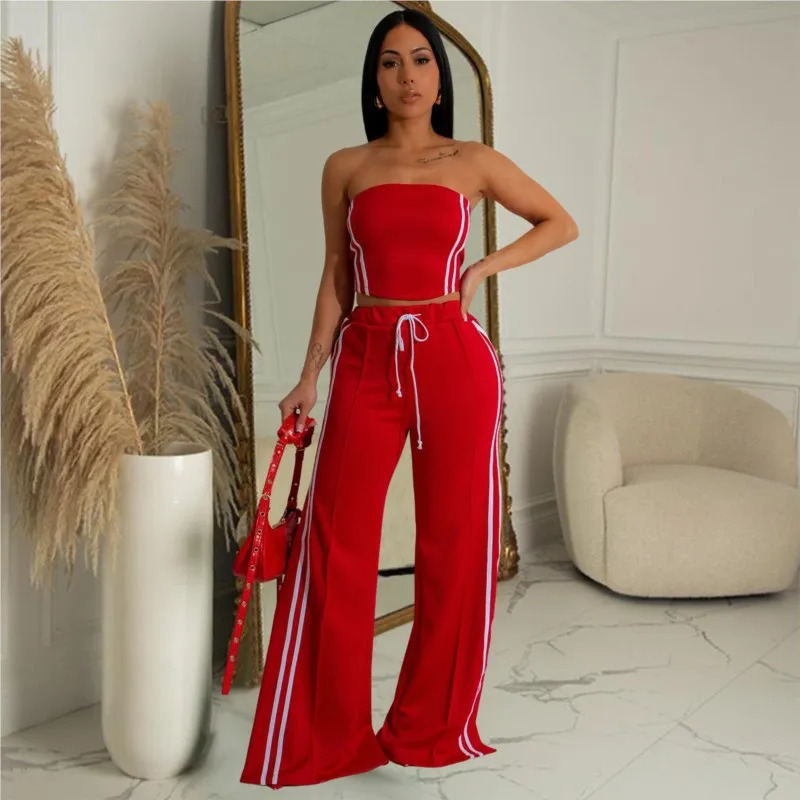 Sexy Strapless Set Striped Ribbon Crop Tube Top Wide Leg Pants Suits Summer Streetwear Two 2 Piece Set Casual Womens Outfits 250218
