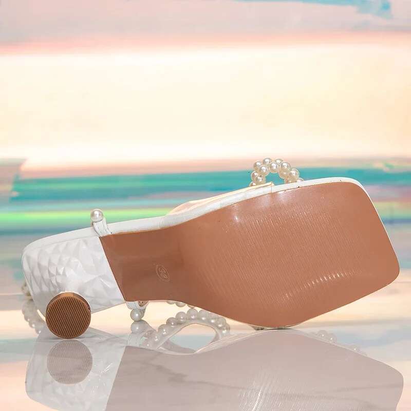 Summer Fashion Design PVC Transparent String Bead Woman Sandals Buckle Strap Square Toe High Heels Shoes