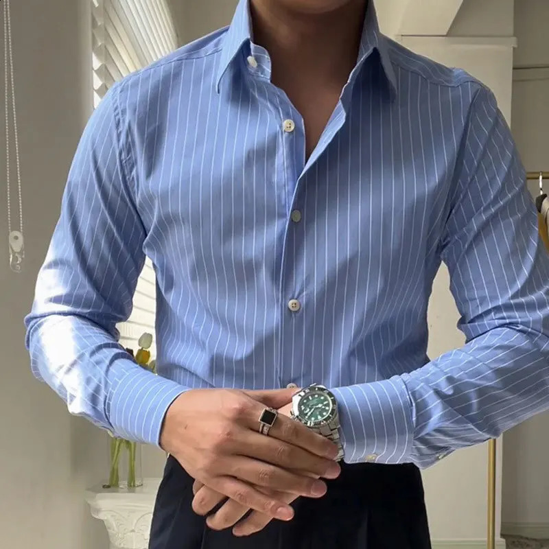 Spring British Casual Stripe Shirt Retro Shirt Dress Camisa Masculina Social Italian Spring Men Long Sleeve Striped Shirt 250214