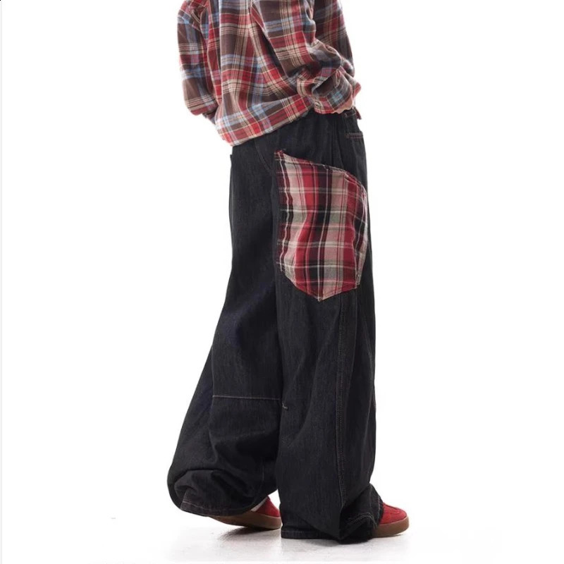 Plaid Patchwork Hip Hop Mens Jeans American High Street Big Pocket Couple Denim Pants Color Block Wide Legs Cowboy Trousers 250218