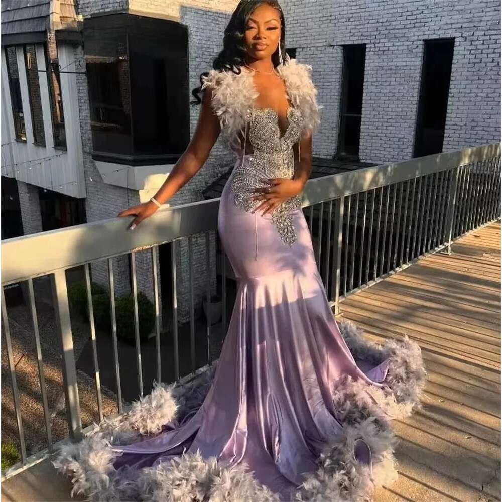 Purple Tassel Long Prom For Black Girls Bead Crystal 2025 Birthday Dress Feather Evening Dresses Customized