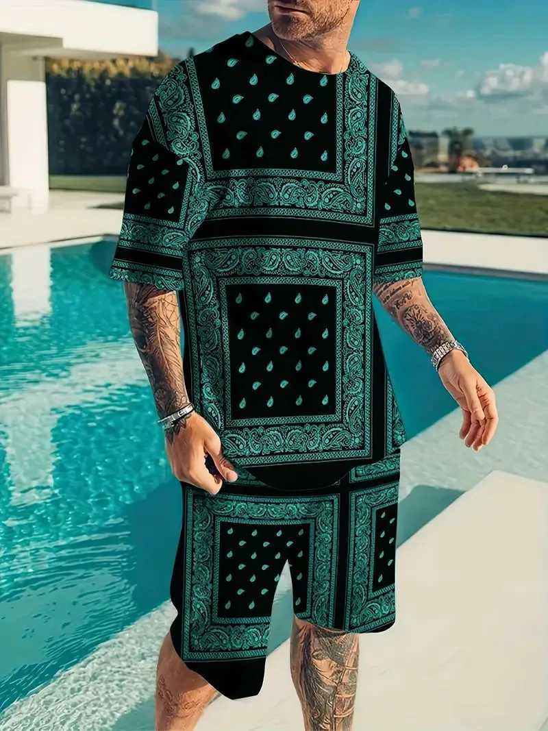 Fashion Trend Mens T-shirt Set Splicing Cashew Flower Pattern y2k Round Neck Short Sleeve And Shorts Comfortable And BreathableXJ250218