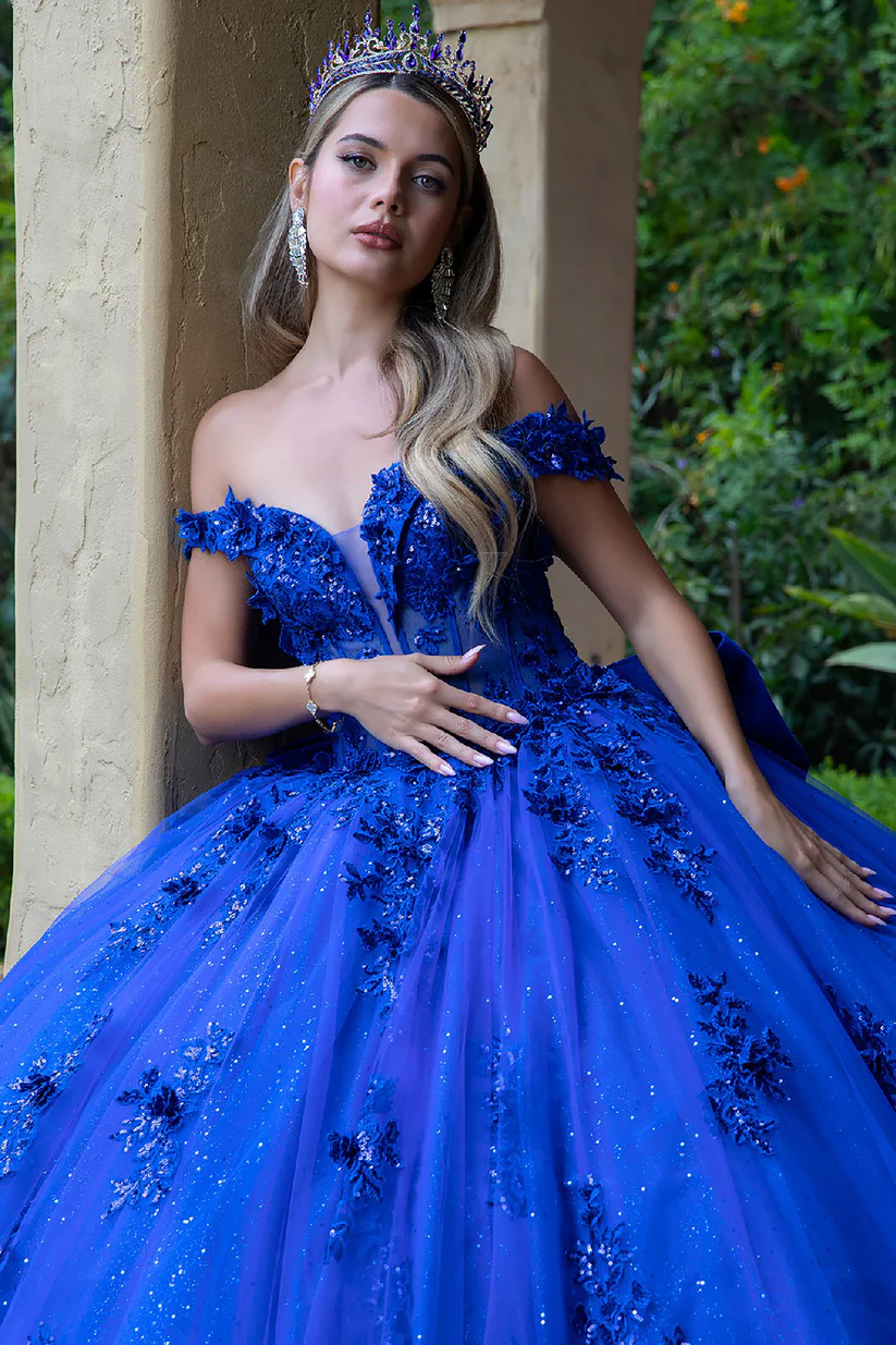 Princess Royal Blue Quinceanera Dresses Off Shoulder Ball Gown Vestido De 15 Anos Floral Lace Appliques Bow Back Court Train Luxurious Prom Special oc