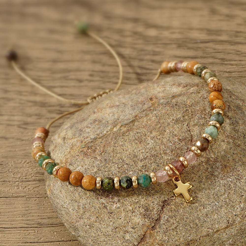 New Gothic Cross Natural Half Bracelet Women's Woven Hand Rope Student Bead Jewelry