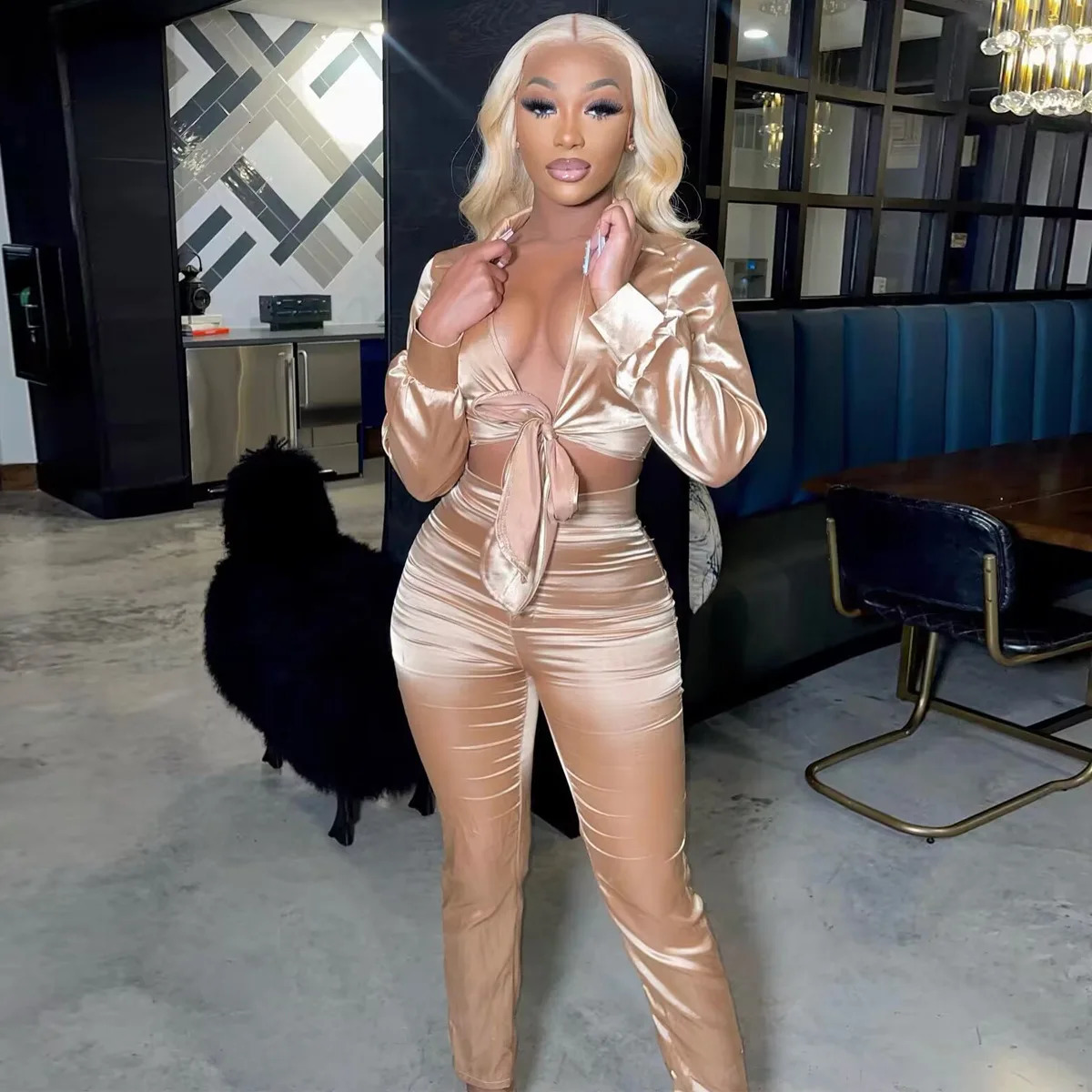 Sexy White Two Piece Set for Women Matching Sets Suit Satin Long Sleeve Tie Up Crop Top and Night Club Pants Sets Party Outfits 250218