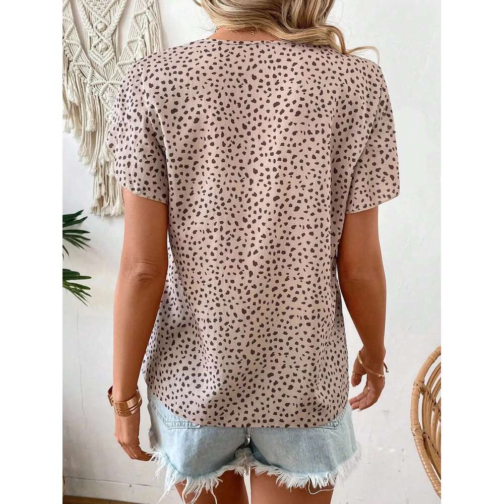 Elegant Small V-Neck Short Petal Sleeve Woven Casual Women's Shirt