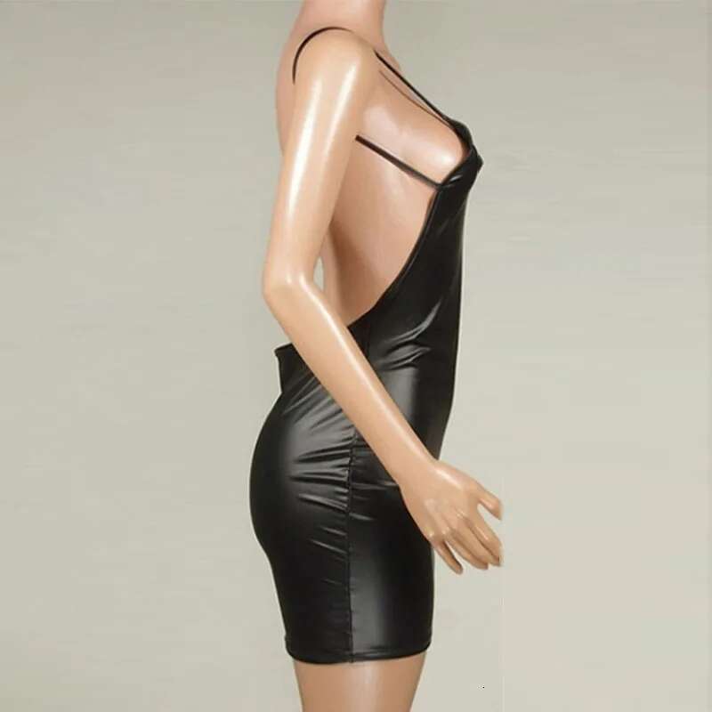 Women's Halter Open Back Fashion Solid Color Sexual Slim Sg Dress Imitation Leather Suspenders Black Brand New