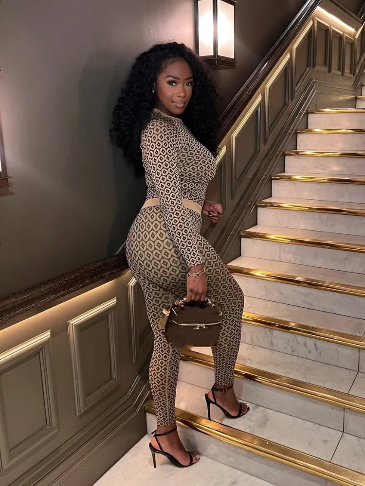 Fashion Printed Womens Contrast Waist Tight Pants Set Vintage Slim Fit Long Sleeve Round Neck Tops Suit Spring Lady Outfit 250218