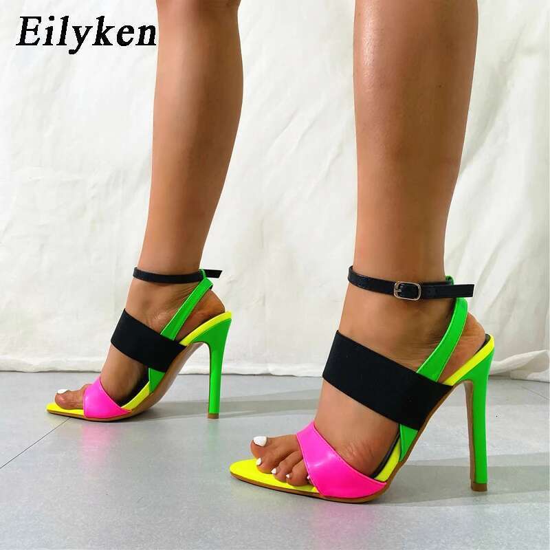 Sexy Pointed Toe High Heels Women Sandal Fashion Mixed Color Buckle Strap Slides Summer Party Stripper Shoes Sandalias