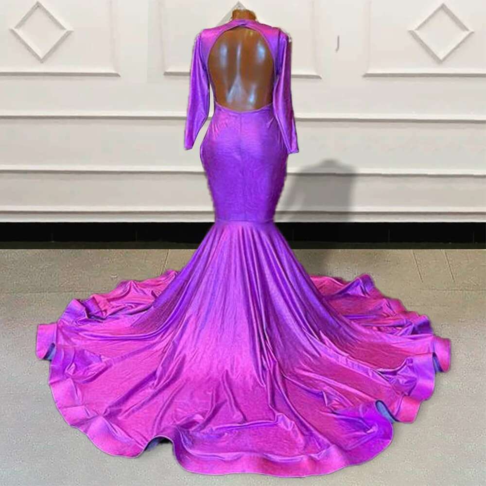Rhies Beaded Purple Long Prom Dress for Graduation Party Mermaid V Neck Full Sleeves Women Formal Evening Gala Gown