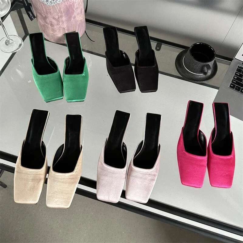 Spring Satin Women Slippers Fashion Square Toe Low Heels Sgback Casual Party Shallow Mules Ladies Slides Shoes