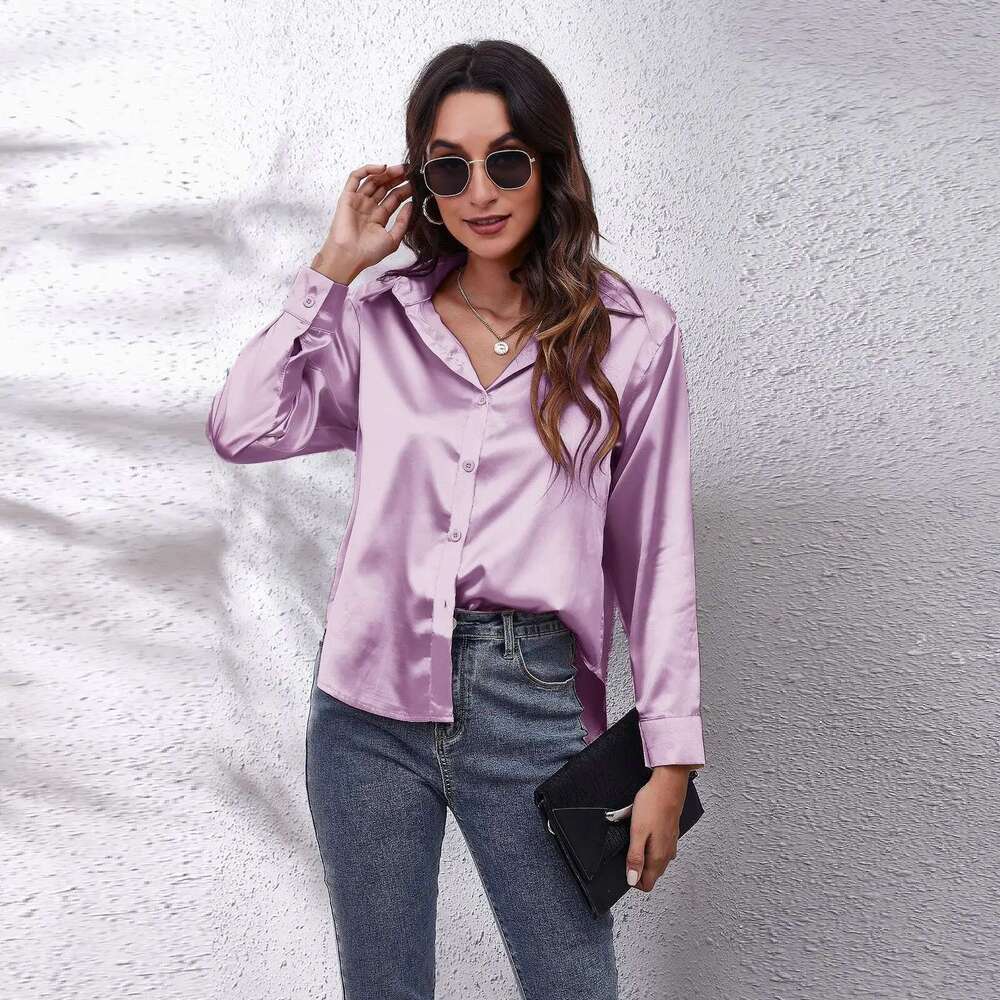 Autumn Women Solid Satin Long Sleeve Imitation Silk Loose Button Up Blouse Shirt Ladies Tops Fashion Clothing