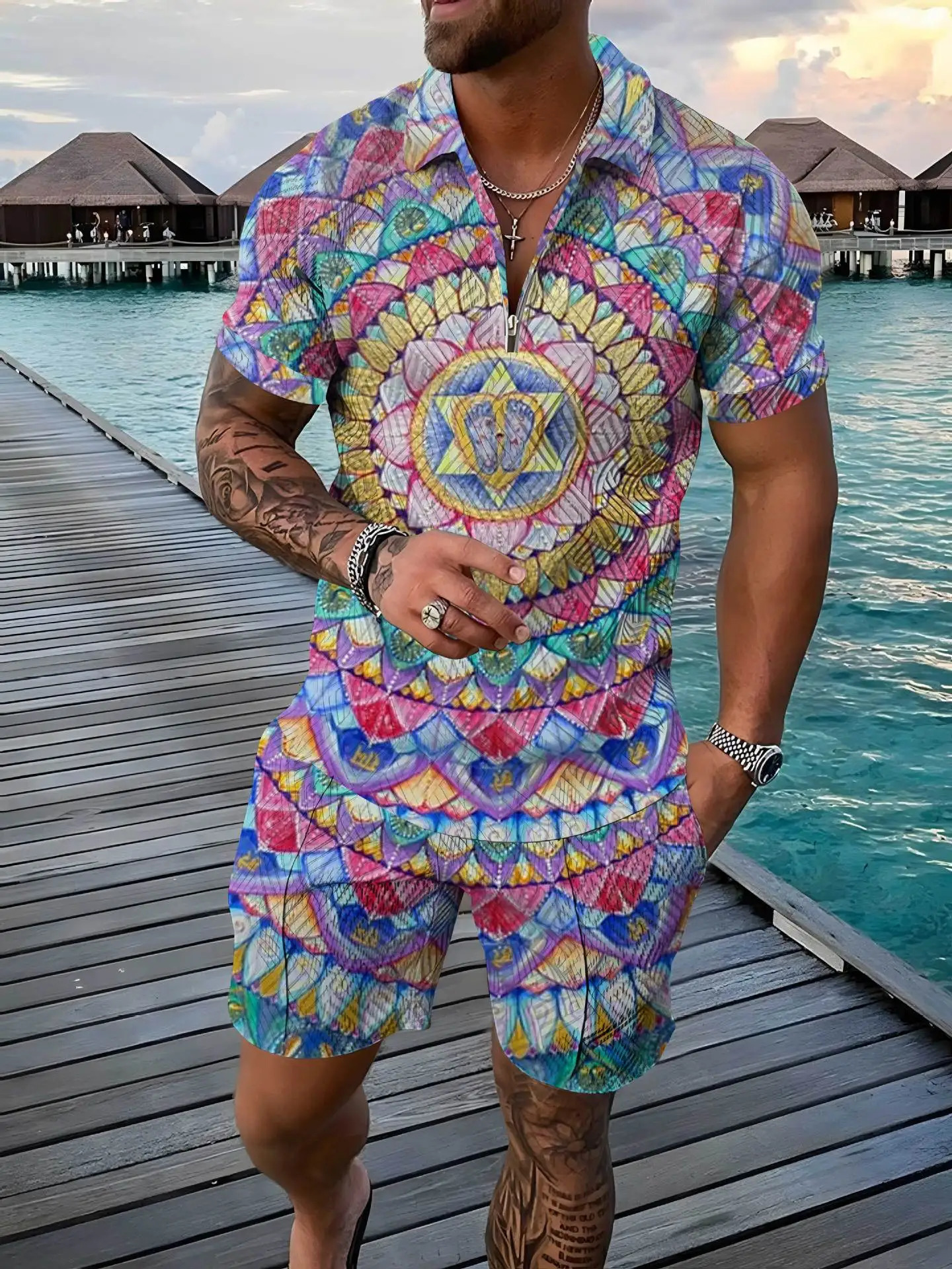 Vintage Bohemian wind Polo Set 3D Print shirt 2pcs Zipper Sets CollarShorts Hawaii Holiday Style Man Clothing 250219