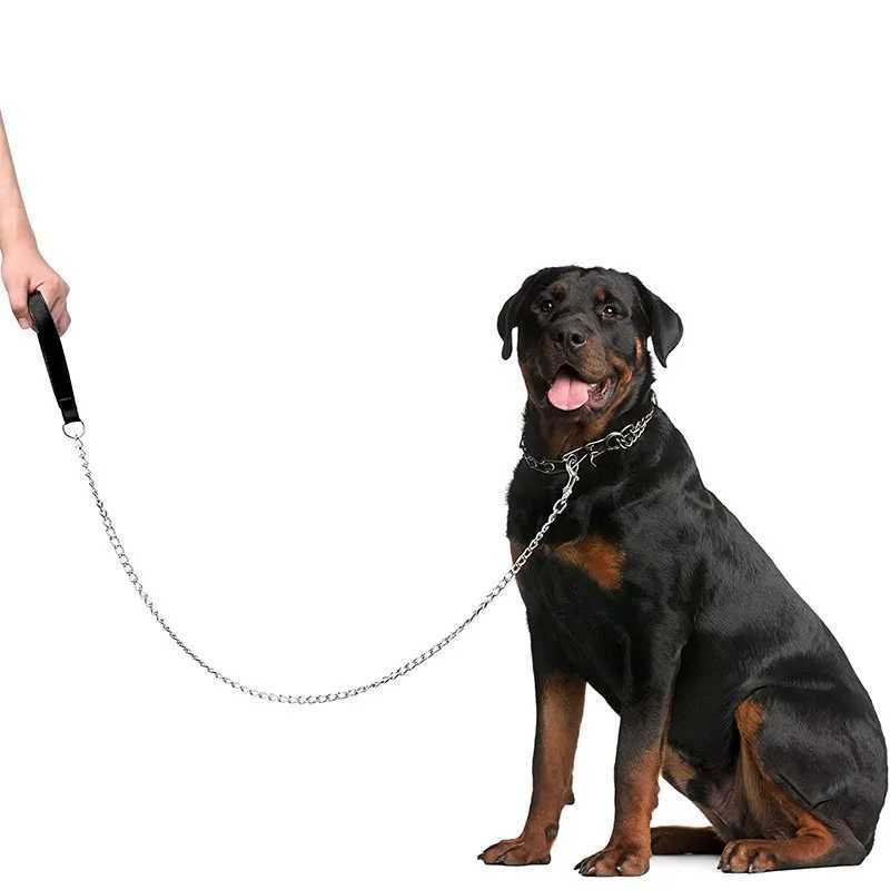 120cm Heavy Duty Anti-bite Dog Giant Chain Leash with Leather Handle Chain Dog Leash Durable Metal Chew Proof Dog Training LeashXJ250218