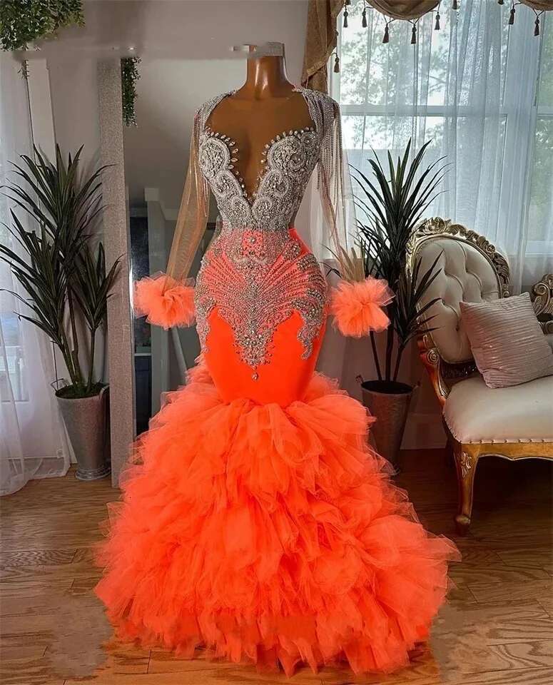 Orange Black Girl Prom Dresses 2024 Mermaid Rhies Beaded Long Sleeves Ruffles Birthday Evening Gala Gown Graduation