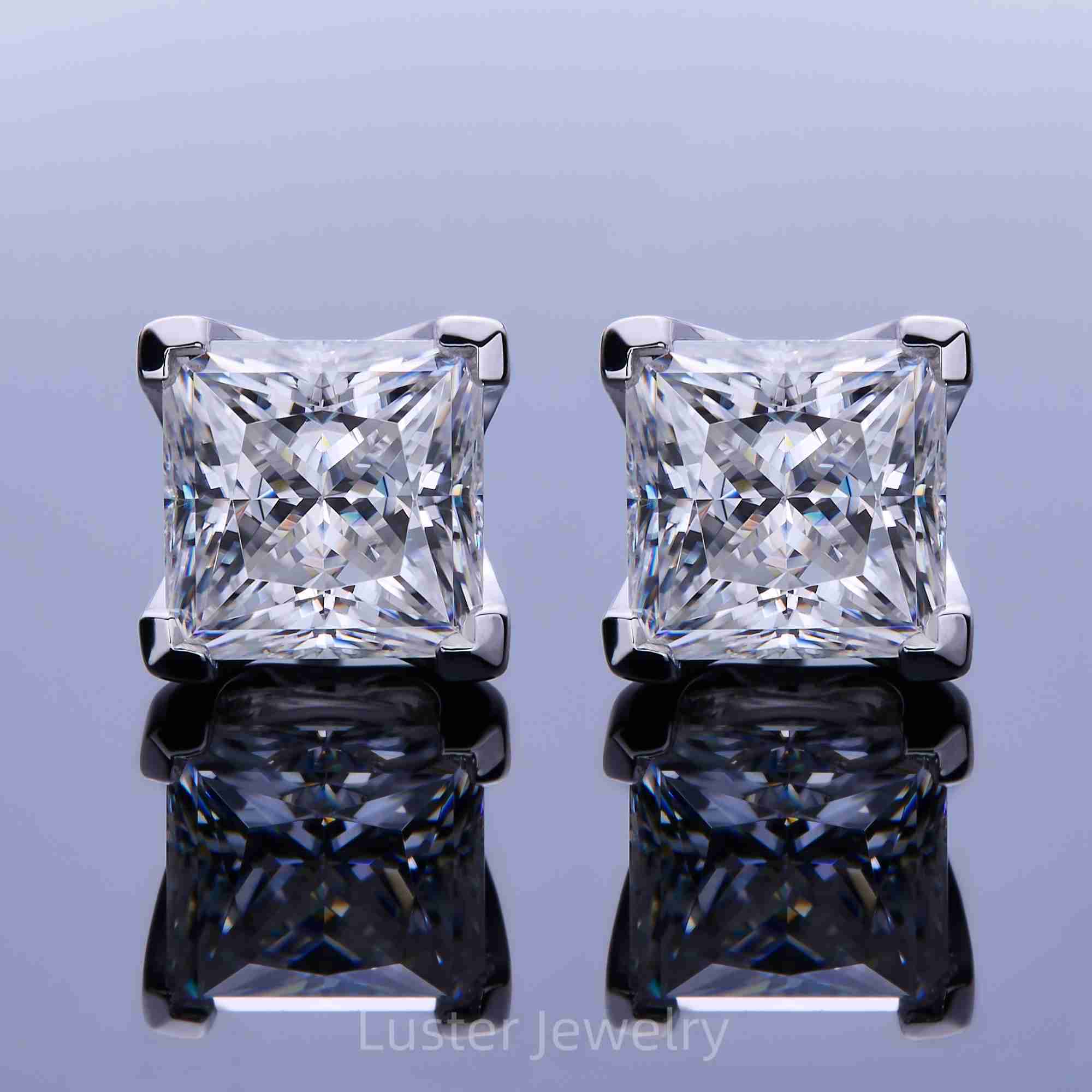 Luster Certified 925 Sterling Silver Moissanite Gemstone Earrings Four Prong 1ct Square Princess Cut Moissanite Stud Earrings