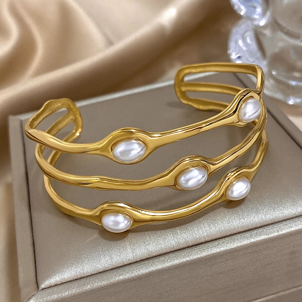 Vintage Layered Gold Plated Pearl Stainless Steel Bangles Bracelet for Women Men Bohemia Wide Open Cuff Wrist Party Jewelry Gift 250213