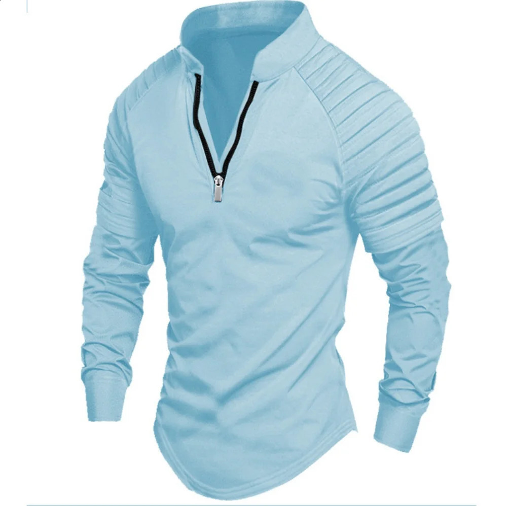 Mens POLO Shirt Fashion Casual Loose Solid Color Striped Zipper Stand Collar Sports Urban Office LongSleeved Tops 250213