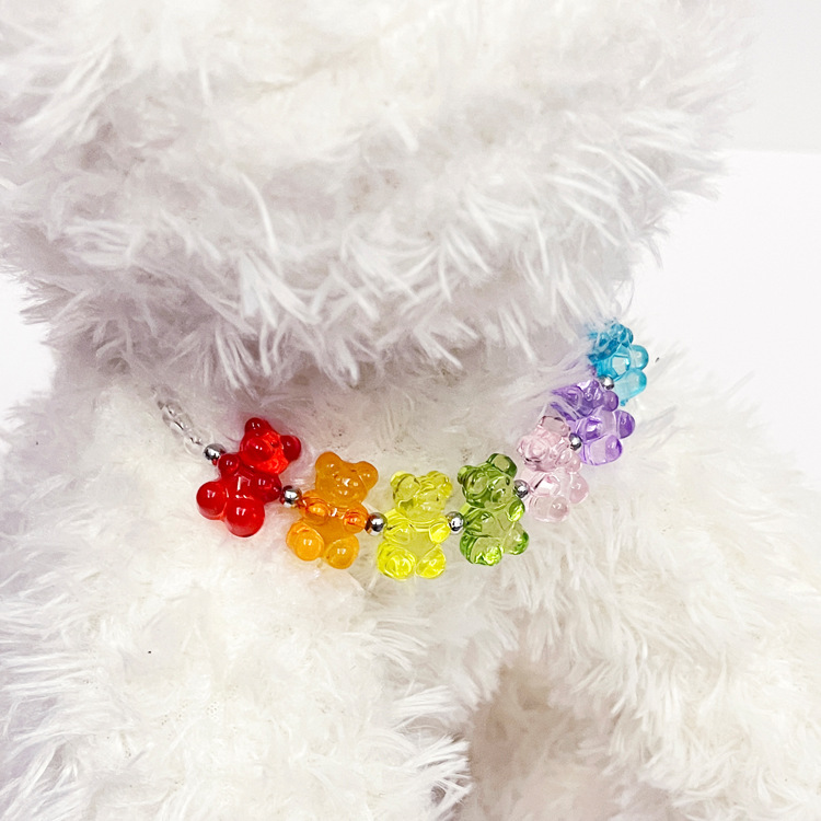 Fashion Bead Dog Necklace with Rainbow Bear with Seven Colors, Exquisite Cat Dog Neck Decoration Necklace for Small Medium Dogs, Adjustable Pet Neckla