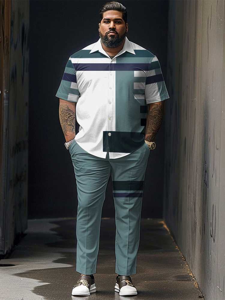 ZOOY (L-9XL) Mens Large Set Waist 166cm Gradient Color Block Texture Simple Casual Short sleeved Shirt and Pants SetXJ250218