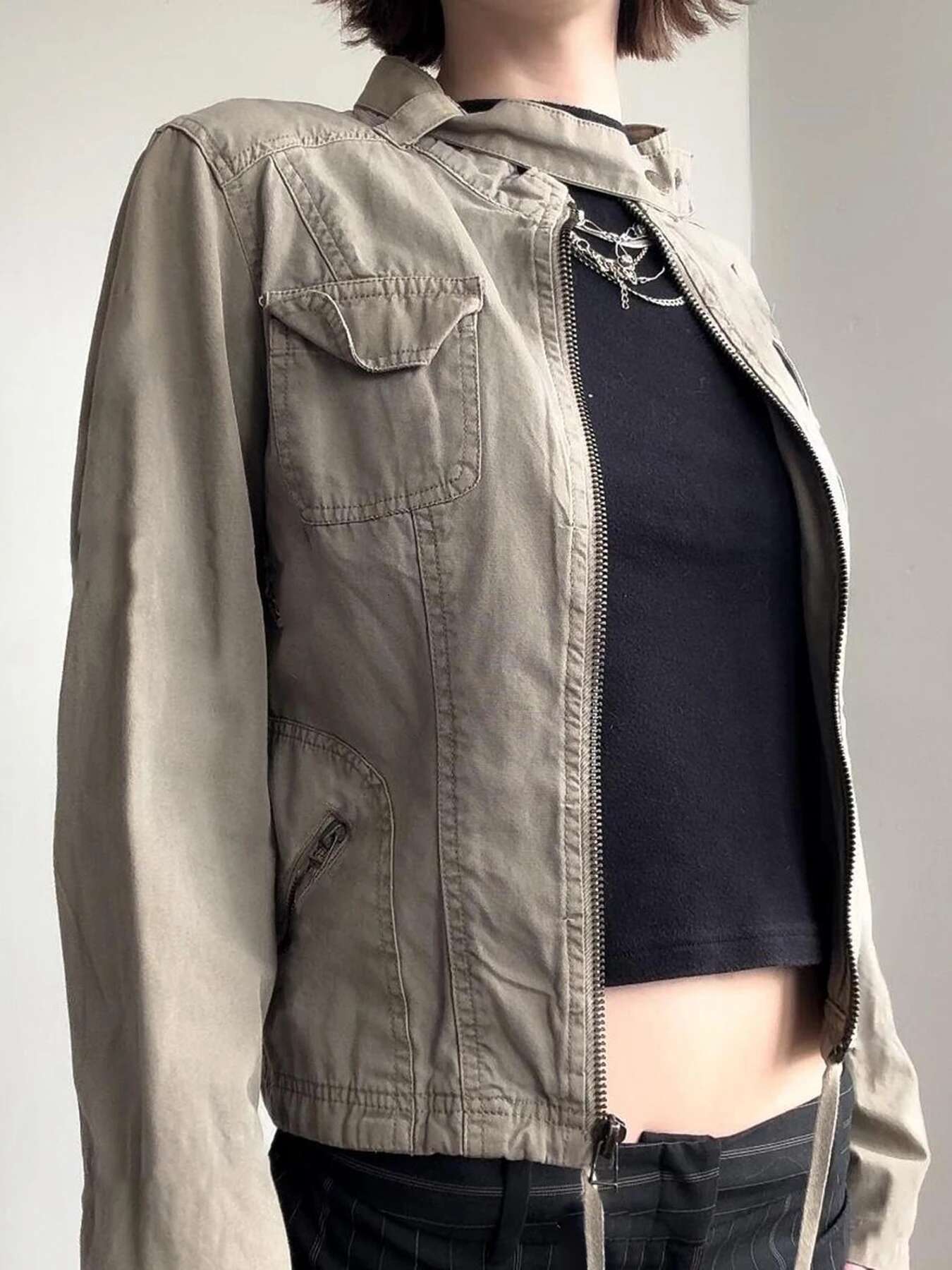 IAMSURE Safari Style Big Pockets Zipper Jackets Casual Solid Turtleneck Long Sleeve Coats Women 22024 Autumn Winter Fashion Lady